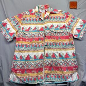 Vue Vintage Egyptian Novelty Print Cotton Button Down Shirt Pyramids Camels 10